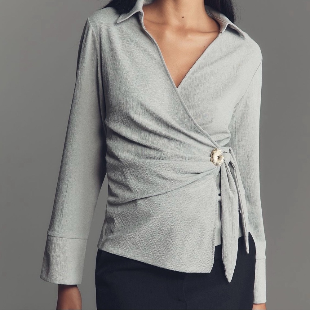 Anthropologie Light Gray Wrap Blouse